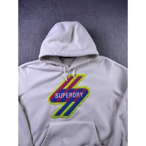 Superdry Hoodie Men's S Bold Logo Fleece White Warm Preppy Pocket Outdoor